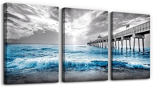 DZRWUBHS Decoraciones de pared para sala de estar, 3 piezas, lienzo enmarcado, arte para dormitorio, oficina, pinturas en blanco y negro, océano
