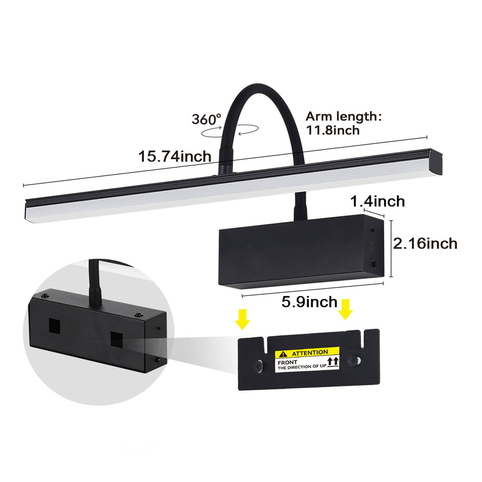LED Luce Specchio Bagno Dimmerabile Applique da Parete con Telecomando Ricaricabile Iluminazioni per Pareti 360° Girevole Angolo Regolabile Lampada da Parete Quadri Soggiorno (Nero,2 Pezzi)