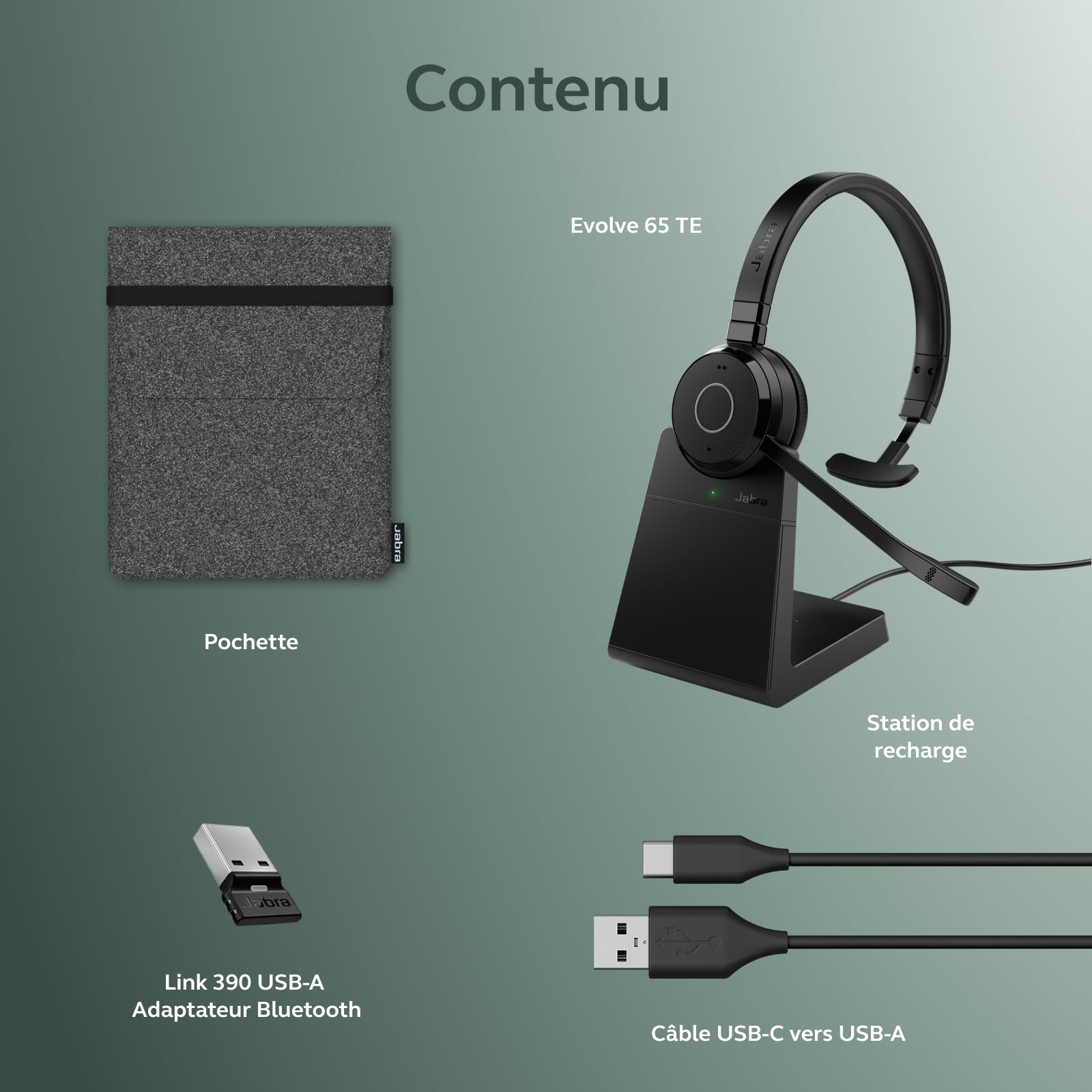 Jabra Evolve 65 Te (3e Éd. 2025) Micro-Casque Mono Bluetooth, connecte 2 appareils, 16 h d’autonomie, Micro antibruit, Adaptateur USB-A, Compatible avec Les applis de réunion, Base de Charge, Noir