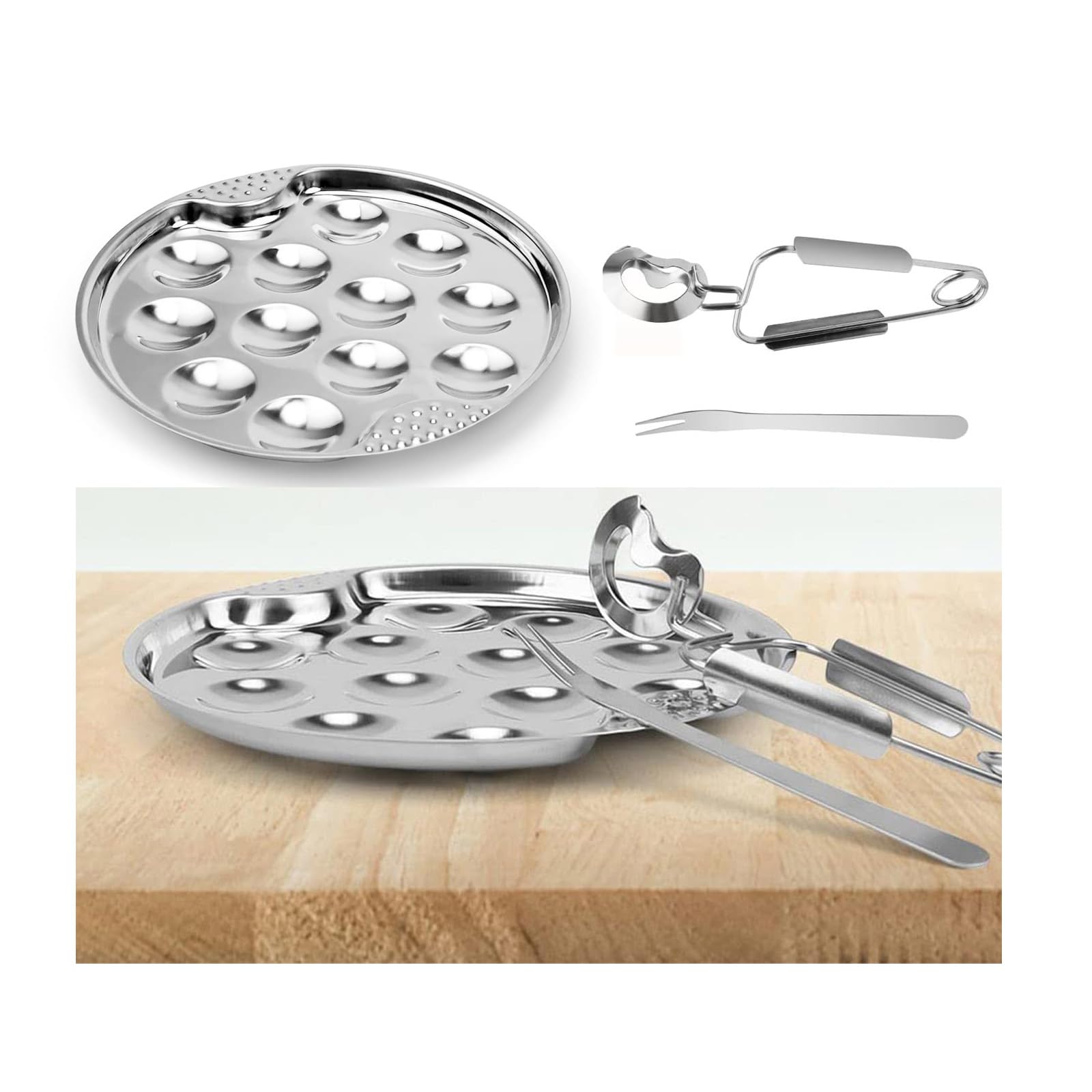 Piatto per Lumache in Acciaio Inossidabile, Set di Pinza e Forchetta, Antiscivolo e Isolante, 19 cm per Frutti di Mare, Ideale per Ristoranti e Famiglie