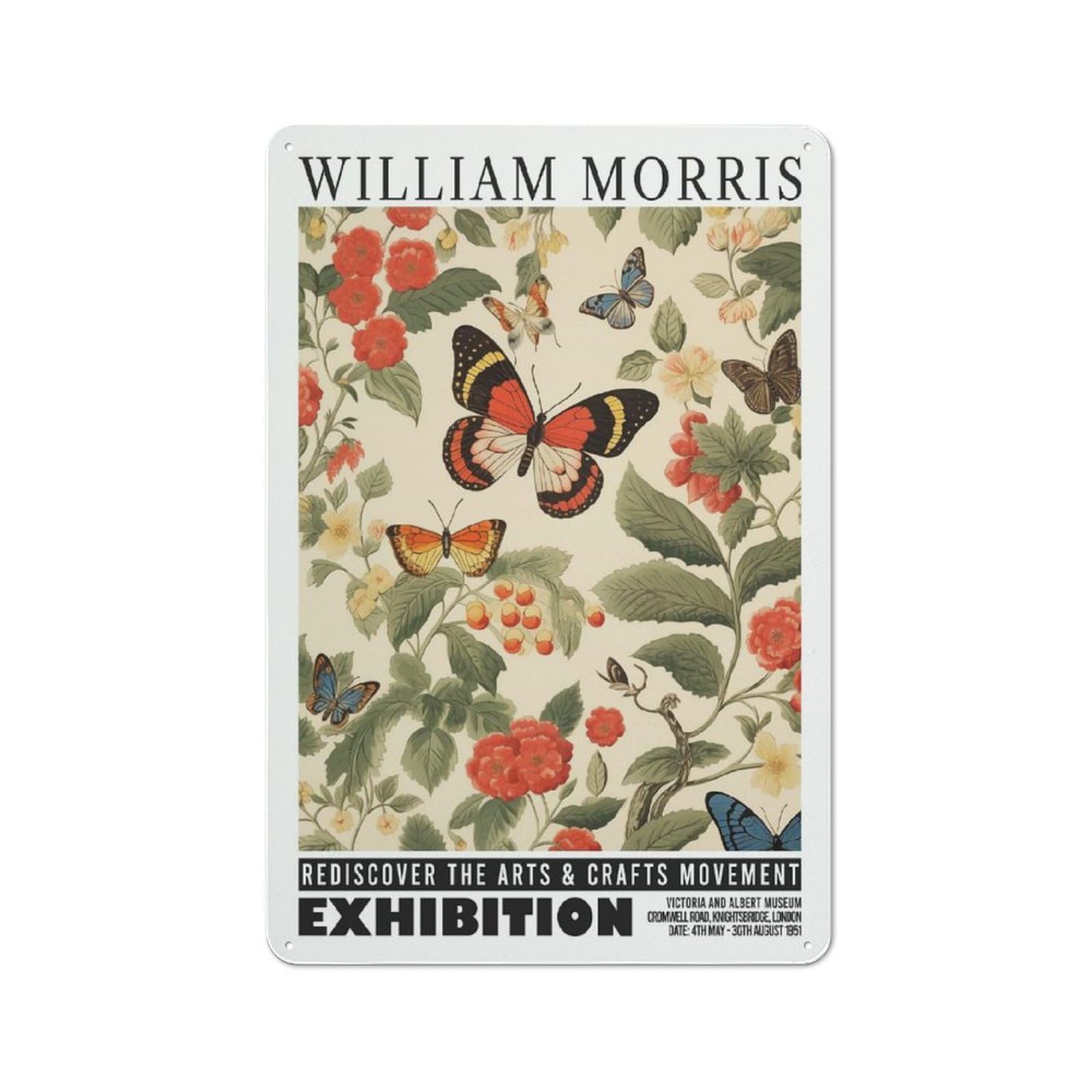 Morris Butterfly Floral Exhibition Garage Metal Sign 30x20cm, Weathered Look Shed Wall Plaque for Garage, Workshop, Shed Or Utility Room