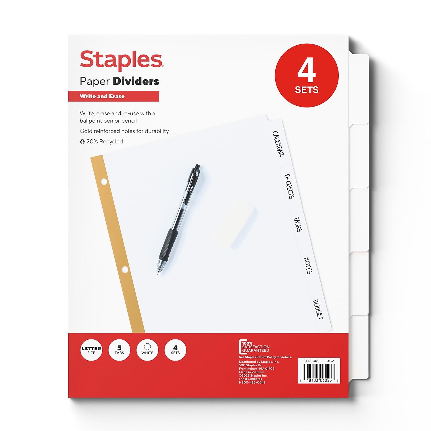 Staples 477147 Big Tab Write-on Paper Dividers, 5-Tab, White, 4 ST/PK