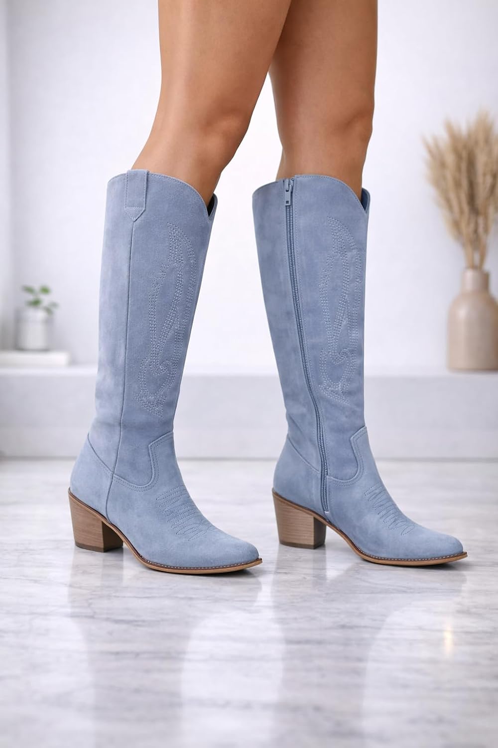 Pierre Dumas Womens Cowboy Boots Pull On Zipper Chunky Heel Pointed Toe Embroidered Western Cowgirl Knee High Boots Girls Tall Boot