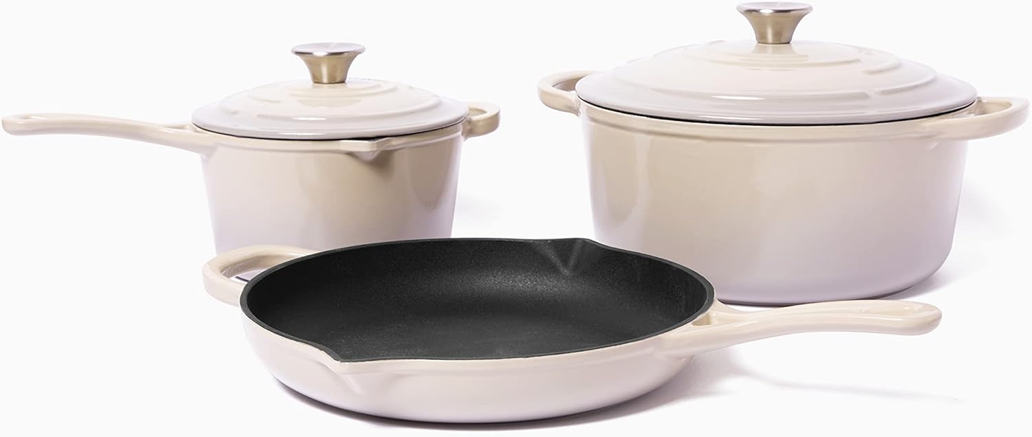 Larder & Vine 5-Piece Enameled Cast Iron Cookware Set - Includes 5.7 Quart Dutch Oven with Lid, 10.25 Inch Skillet, 2.2 Quart Saucepan with Lid (Stone)