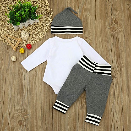 3Pcs Toddler Infant Baby Boy Girl Letter Clothes Set Romper+Pants+Hat Outfits Letter Print Hakama + Striped Trousers + Hat Three-Piece Suit - Thumbnail 6