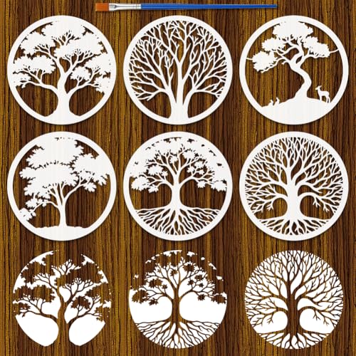 FINGERINSPIRE 6Pcs Pochoir de Peinture D'Arbre Circulaire Avec Pinceau Pochoirs Ronds Réutilisables en Plastique pour Arbres de Vie 20x20cm pour Peinture sur...