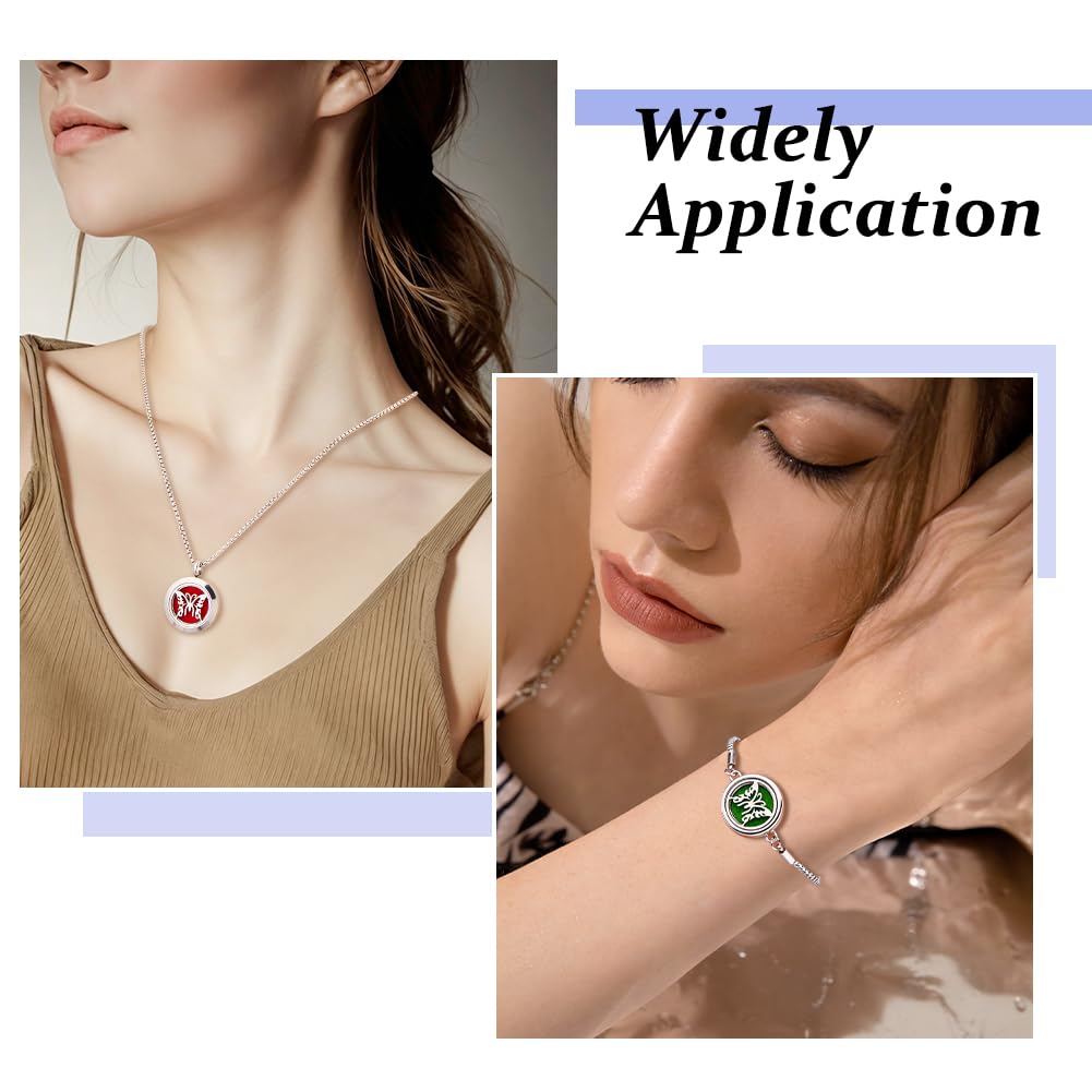 SUPERFINDINGS 2Styles - Collar difusor de aceites esenciales, pulsera de acero inoxidable, medallón de aromaterapia, juego de colgante redondo plano con 20 almohadillas de perfume intercambiables