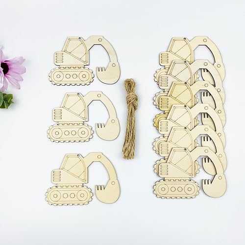 Miniatura 6 de 30 piezas de excavadora sin terminar de madera para vehículos de construcción, manualidades, adornos colgantes en forma de automóvil con agujero,