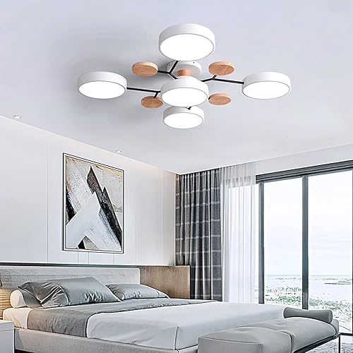 Vista 54 de Lámpara LED de techo, 34 pulgadas, 7 luces, moderna lámpara de techo empotrada de madera de 56 W, lámpara regulable para sala de estar, dormitorio