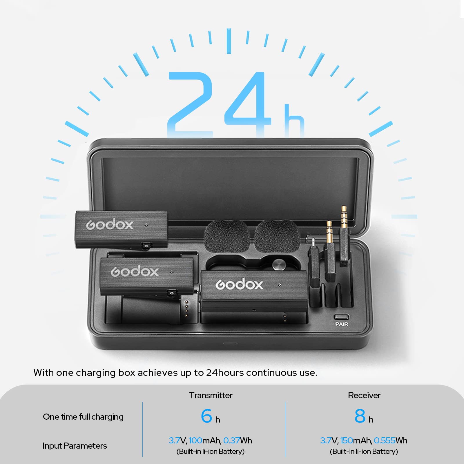 GODOX MoveLink Mini LT Kit2 Sistema di microfono wireless, portata 100 m, 6H Batteria Lavalier Mic con custodia di ricarica portatile per fotocamere iPhone/DSLR Vlogging, TikTok, Interviste