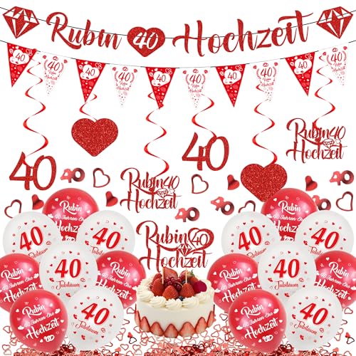 40 Rubin Hochzeits Deko Banner - 27 Pcs Rote Rubin Hochzeit Banners Wimpelkette Glitter Herze Hängende Ballons Tortendeko Herz Konfetti für 40 Anniversary Ruby Wedding Party