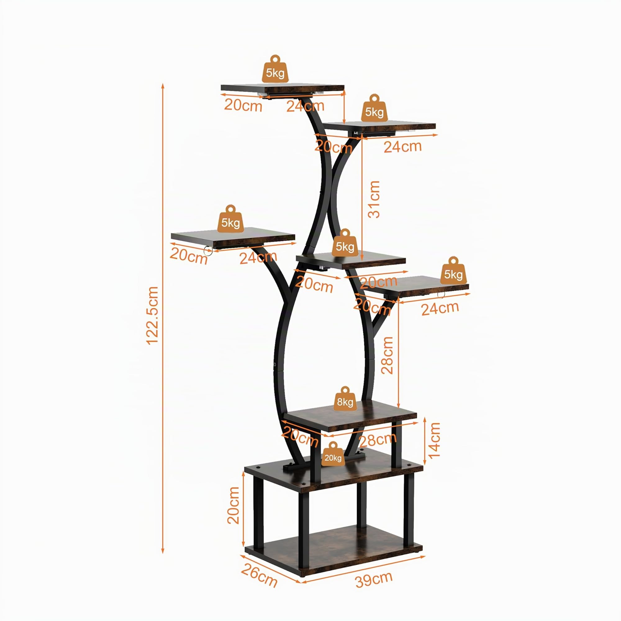 Blumenständer mit Licht Pflanzenregal mit Wachstumslicht 8 Ebenen Präsentationsständern aus Metall und Holz Blumenständer für Terrasse, Garten, Balkon, Wohnzimmer