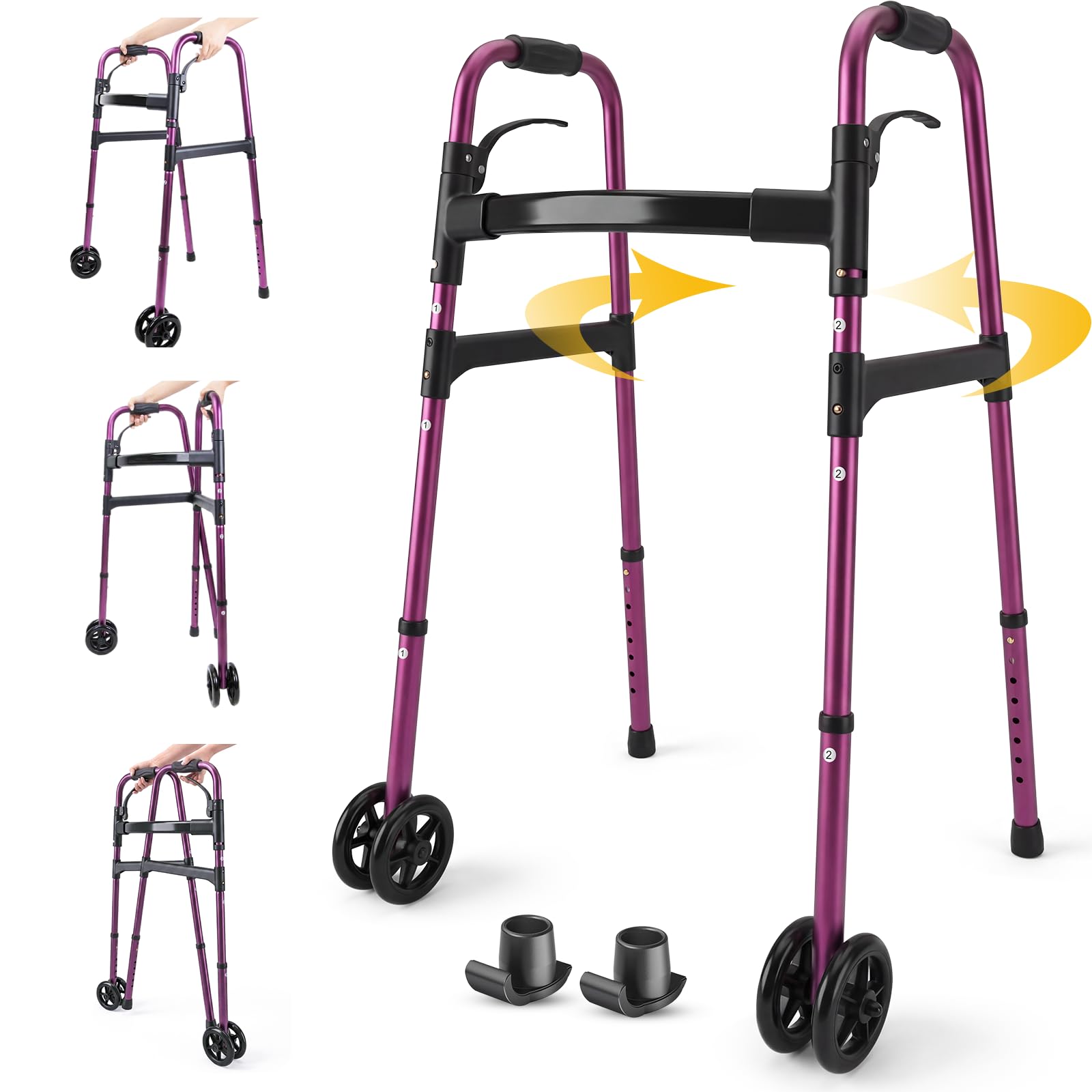 Folding Walker for Seniors - Olycism Rolling Walker Lightweight Aluminum with 8 Height Adjustments One-Hand Folding 400lbs Capacity Standard Walkers for Seniors for Elderly (Purple)