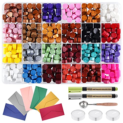 FEPITO 600 Pcs Sealing Wax Beads for Wax Seal Stamp, Wax Seal Kit with 24 Colors Wax Seal Beads,1 Wax Spoon,6 Vintage Envelopes,2 Wax Seal Pen and 3 Tea Candles,for Letters,Wedding,Gift Decoration