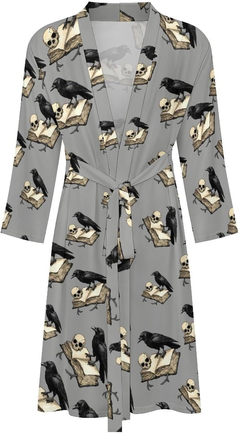 Raven Book Skull Mens Robe Long Bathrobe for Women Bath Robes Lightweight Soft Printed Sleepwear