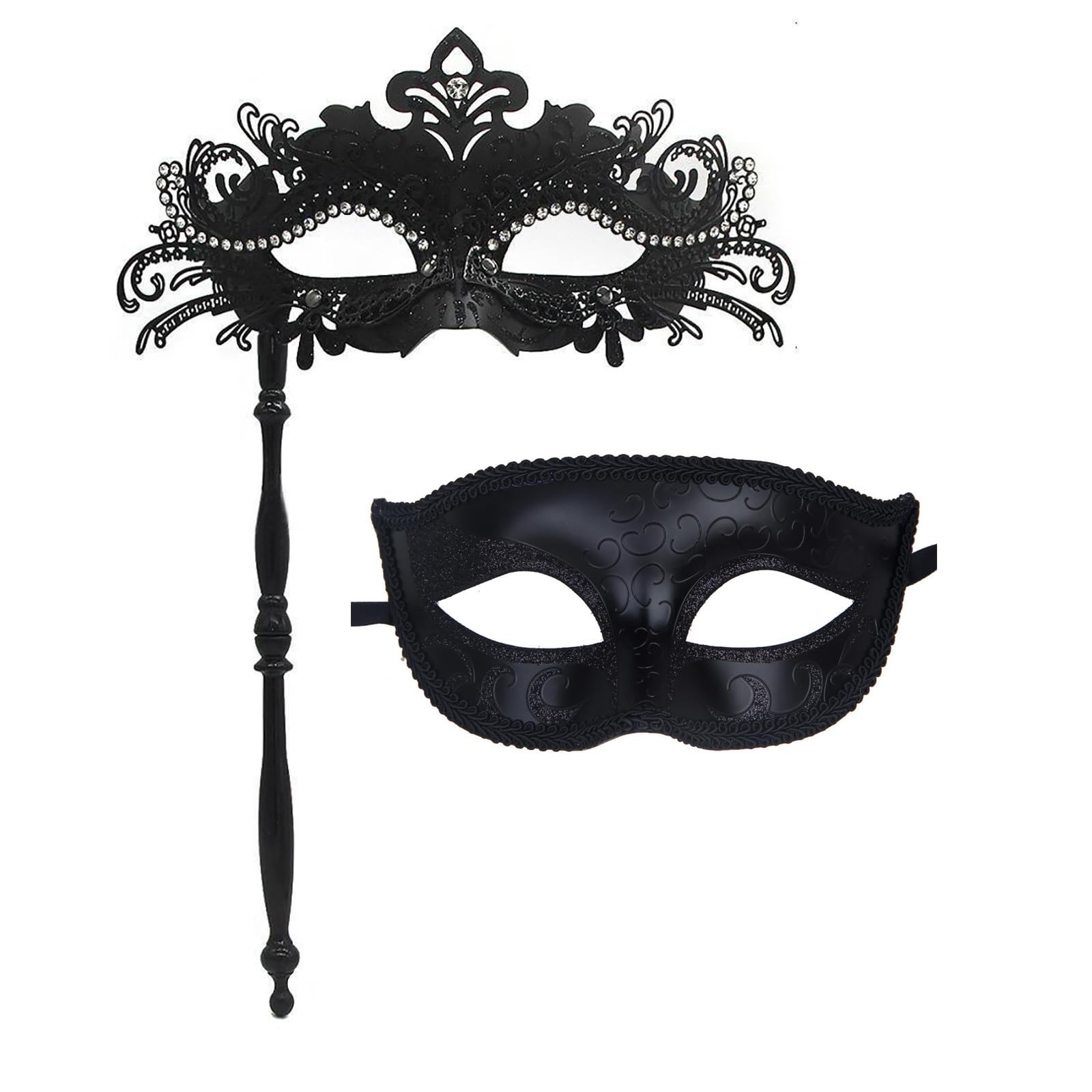Seglorwy Masquerade Mask for Couples, Women Men Venetian Mardi Gras Halloween Christmas Party Couple Masquerade Mask(Black with Stick)