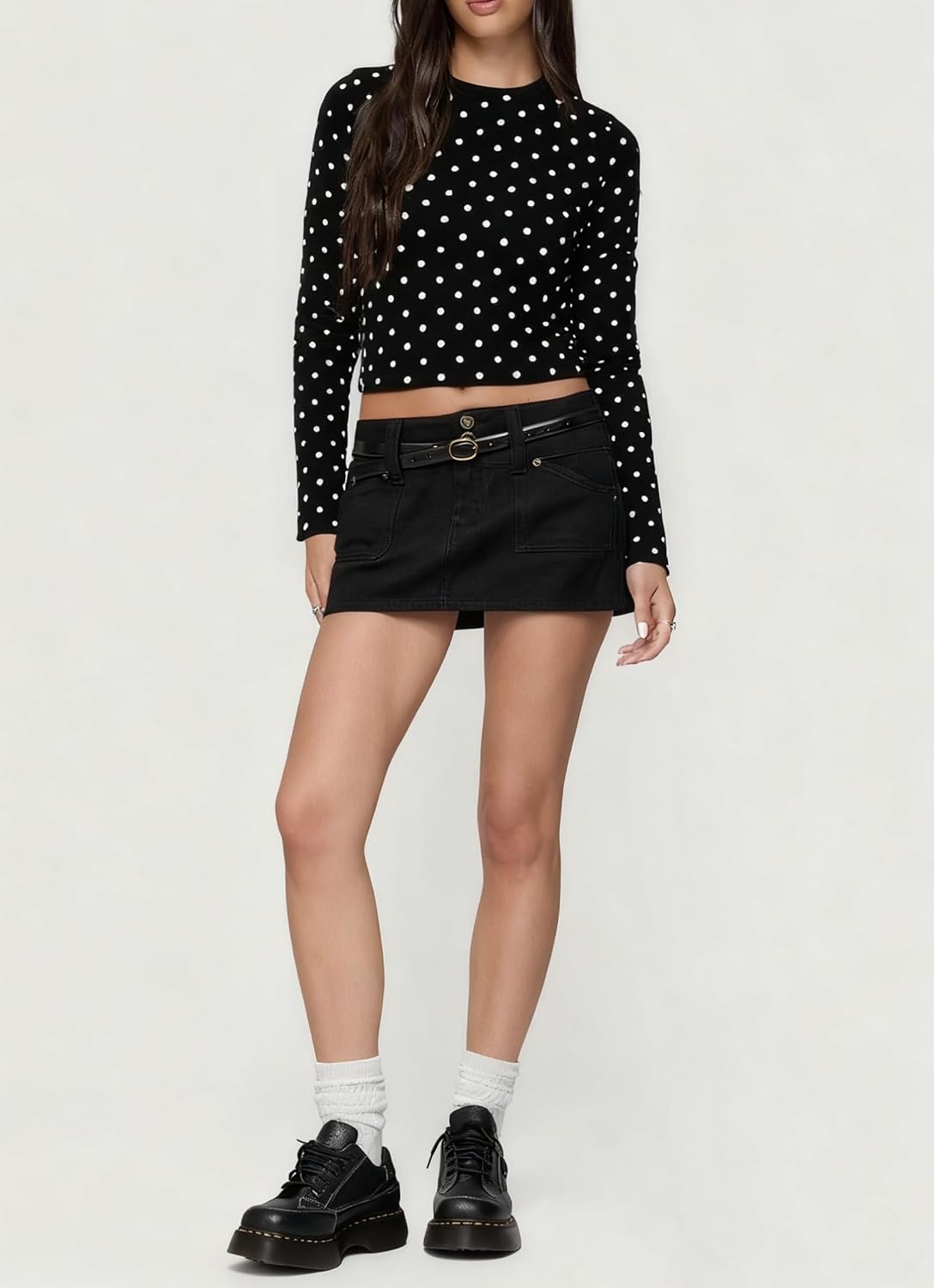 Women Y2k Long Sleeve Polka Dot Shirt Dot Print Slim Fit Crop Top Crew Neck Trendy Going Out Tee Shirt - Image 5