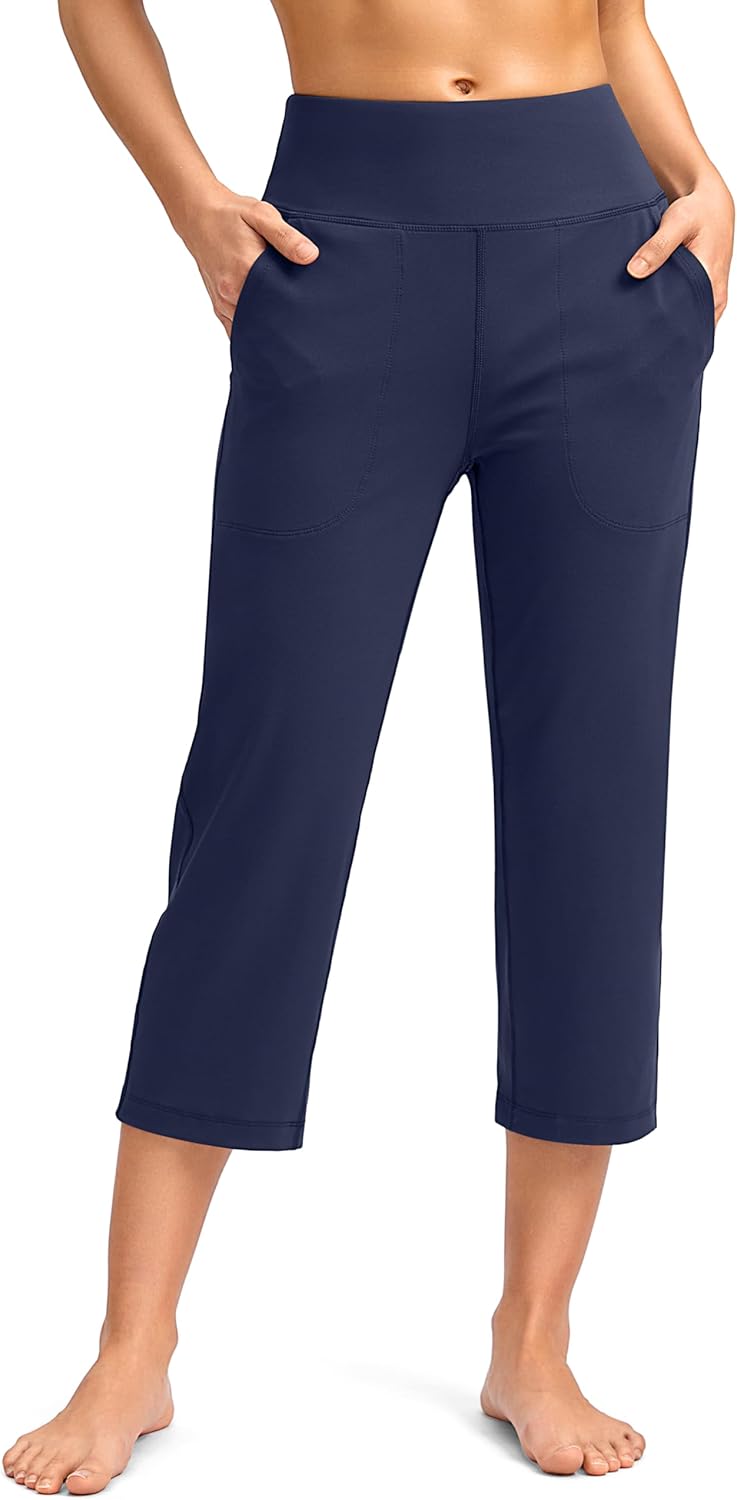 SANTINY Capri Pants for Women High Waisted Workout Yoga Capris Leggings Straight Leg Athletic Cropped Pants with Pockets