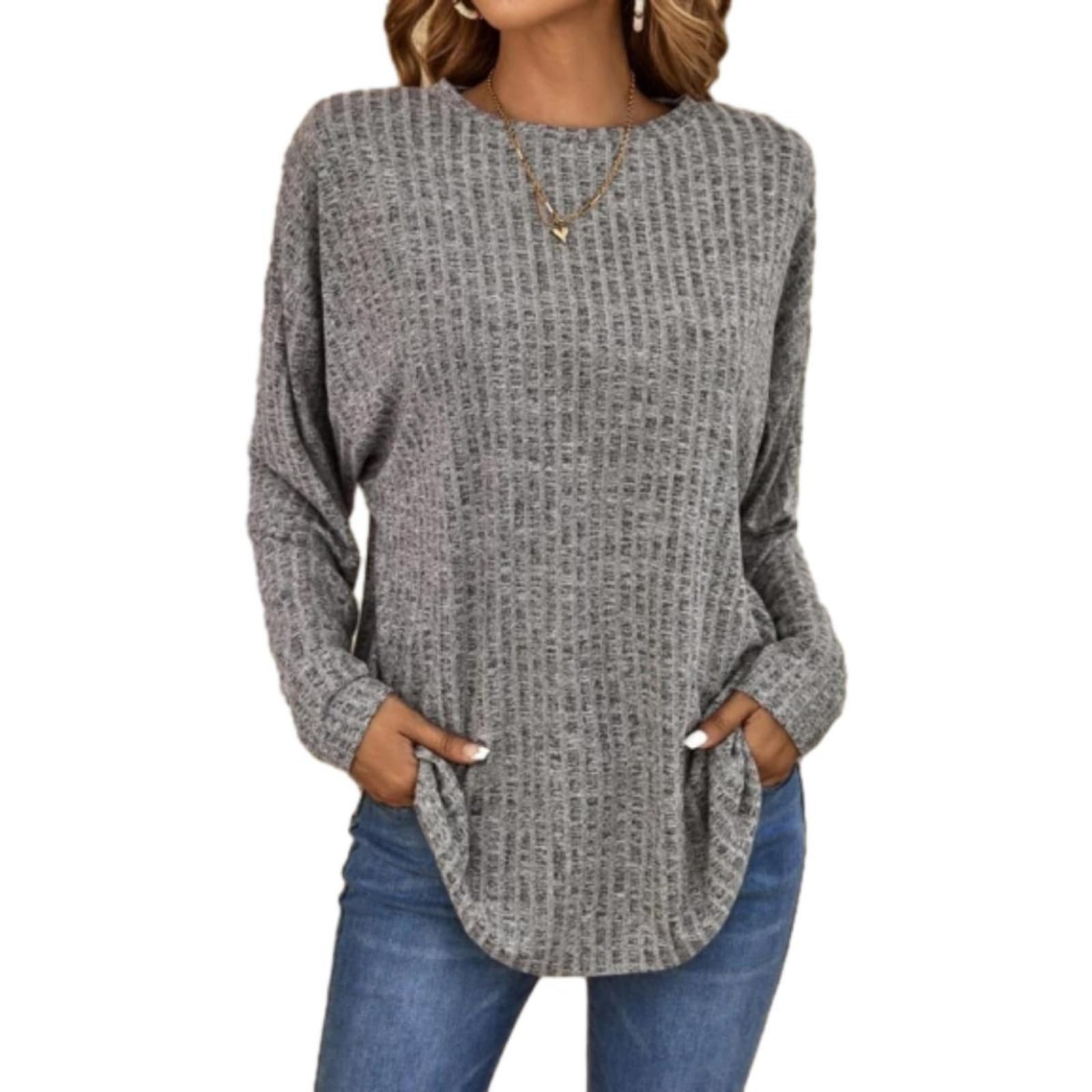Casual Long-Sleeved Top Womens Long Sleeved Hollow Knitted Sweater Crew Neck Solid Color Pullover Jumper