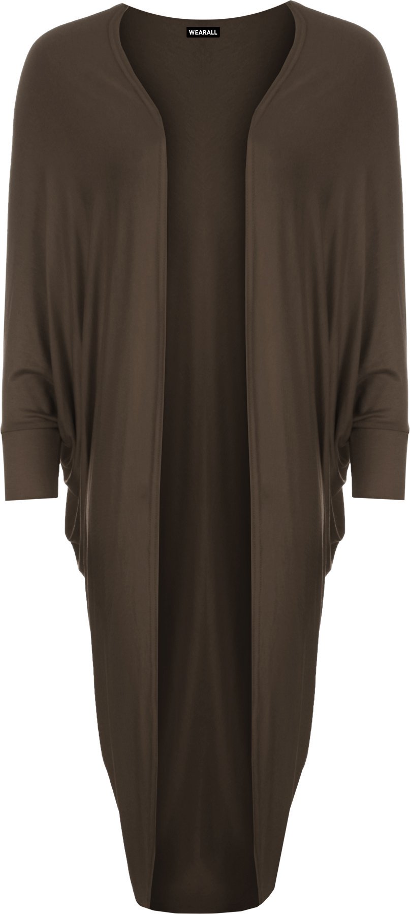 Wearall Women's Dark Brown Short Batwing Sleeve Long Dip Hem Open Cardigan Shrug Top - 16-18