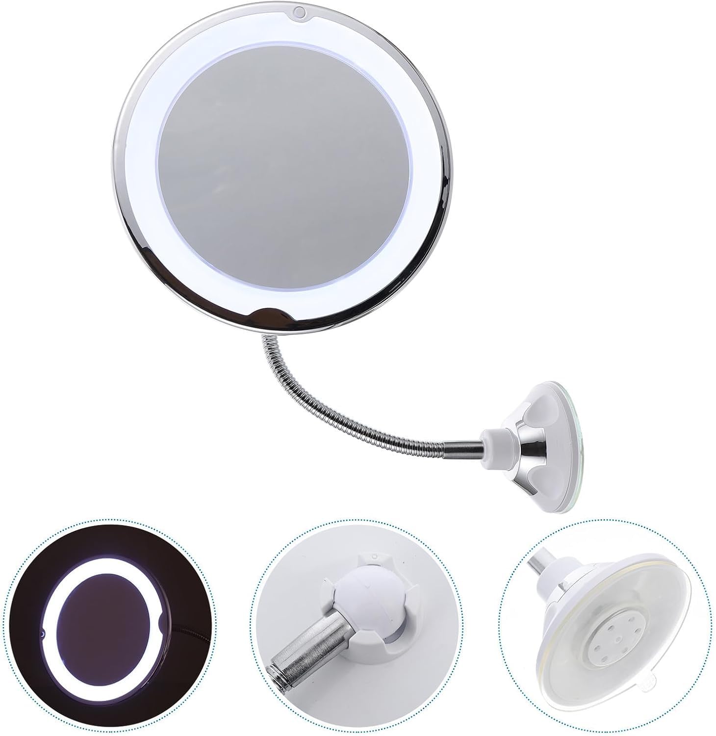 10 x powiększone lusterko do makijażu LED z obrotem o 360° i przyssawką dla łatwej instalacji – idealne do stosowania na blacie w warunkach słabego oświetlenia