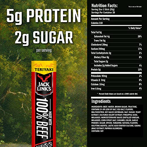 Jack Link's Beef Sticks, Teriyaki – Protein Snack, Meat Stick With 5G Of Protein, Made With 100% Beef, No Added Msg** – 0.92 Oz. (20 Count) #TOP4