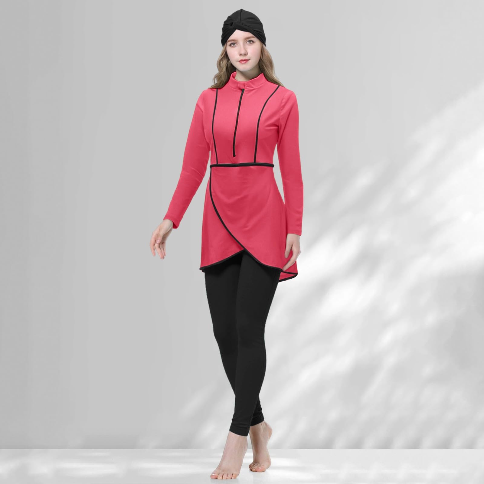 Burkini, costume da bagno musulmano da donna, 3 pezzi, con copertura modesta e completa sul davanti, sportivo, costume da bagno intero opaco, costume da bagno