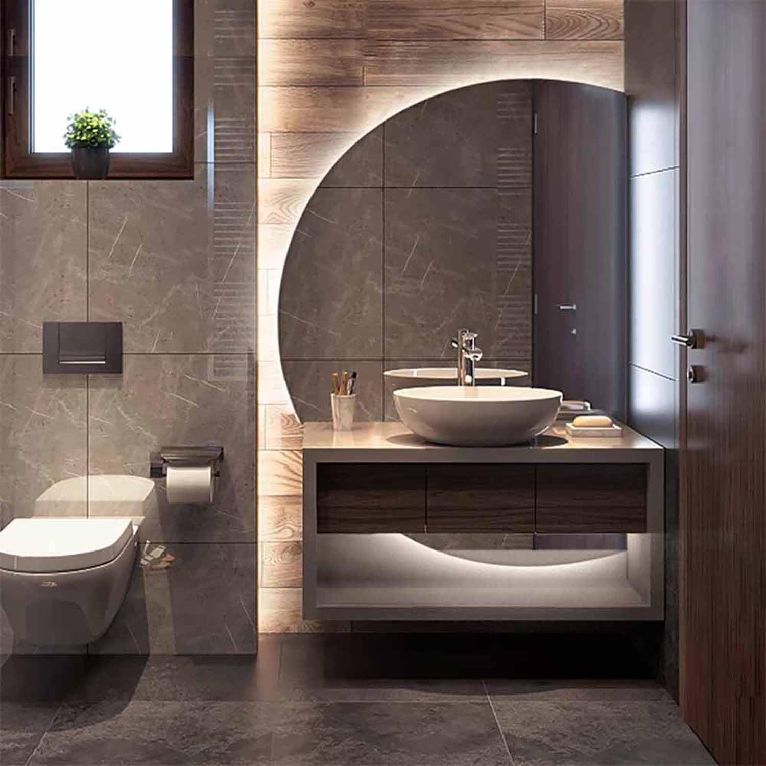 WQZzjm LED Backlit HalfMoon Bathroom Mirror 51 x 35 Inches, Adjustable Brightness, AntiFog, Irregular SemiCircle Design, Stylish Interior Decor (Left Half 51"x35")