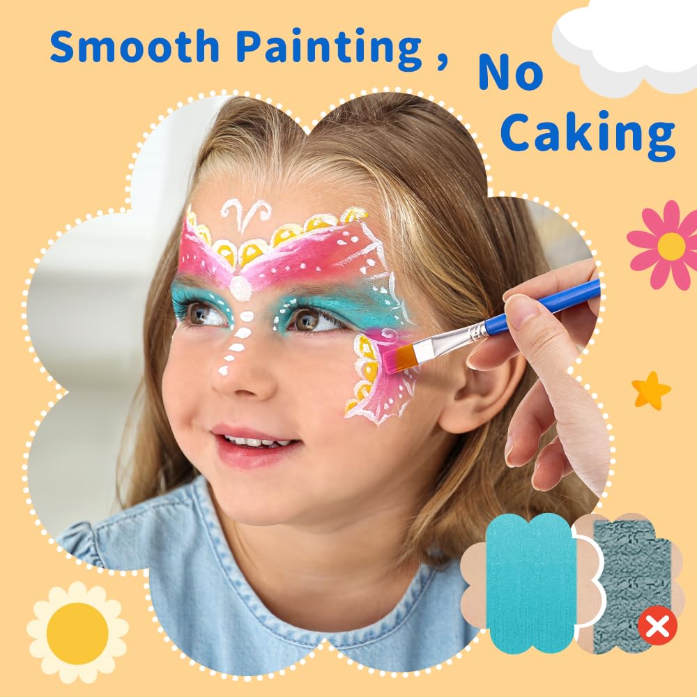 Janolia Palette Maquillage Enfant, 20 Couleurs Peinture Visage Enfant avec 2 Pinceaux, 60 Pochoirs, Peinture Corporelle, Kit Maquillage Enfants pour Carnaval Halloween Noël Cosplay Fête D'anniversaire