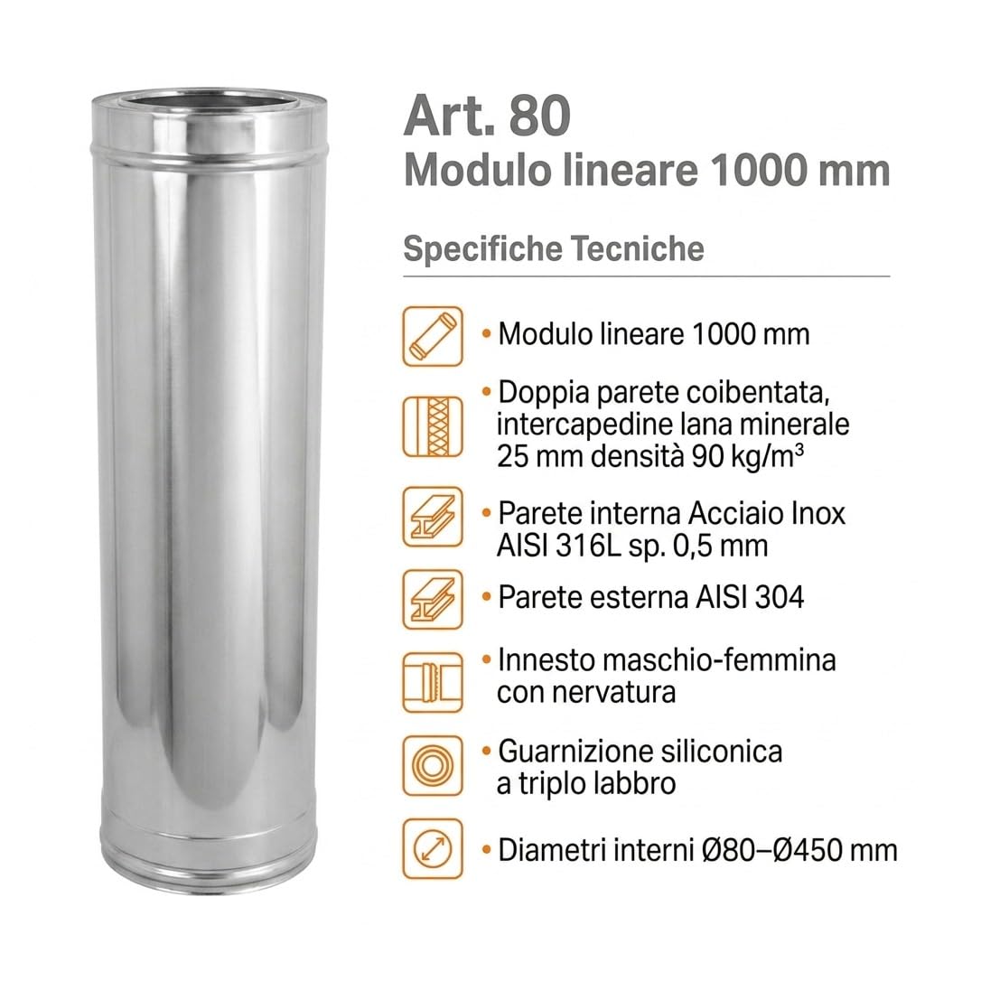 MAKA Modulo Lineare 1000 mm Canna Fumaria Doppia Parete Inox Ø 80 mm