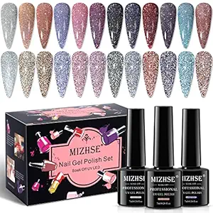 MIZHSE Reflective Glitter Gel Nail Polish Kit 12 Pcs, Colorful Sparkly Diamond Soak Off UV LED Gel Polish Home Manicure Nail Art Salon 7 ml