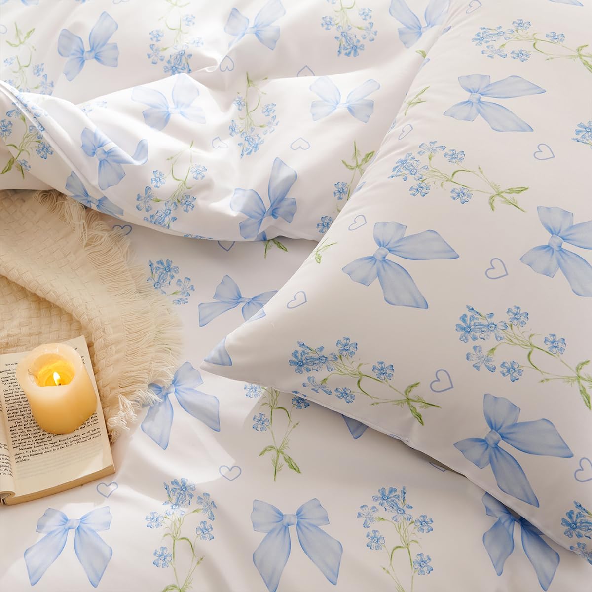 Bow Bedding Duvet Cover Full Kids Girls Blue Floral Duvet Cover Set Romantic Princess Style Bowknot Bedding Set Ultra Soft Reversible Garden Flower Comforter Cover 3 Pieces - Image 5