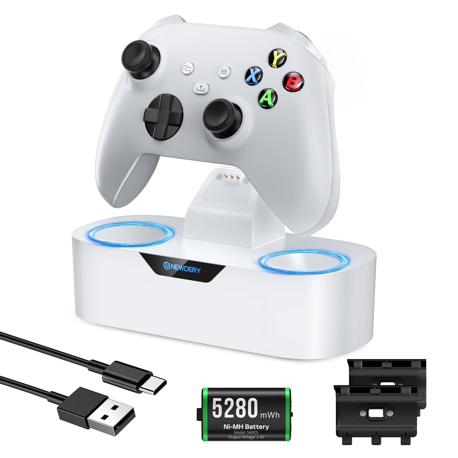 NEWDERY Station de Charge Unique pour Manette Xbox, Batterie Rechargeable de 5280 mWh, Charge Rapide en 4 Heures, Fonction de Rangement à Domicile, Compatible avec Les manettes Xbox One/Series X|S