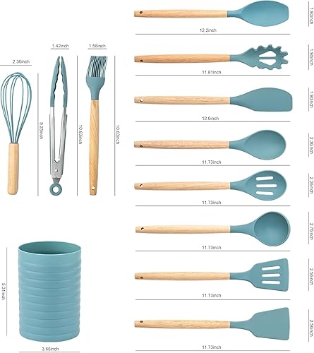 Miniatura 3 de KSENDALO Aqua - Juego de utensilios de cocina pequeños de silicona de 12 piezas con soporte, herramientas de cocina con mango de madera, espátula