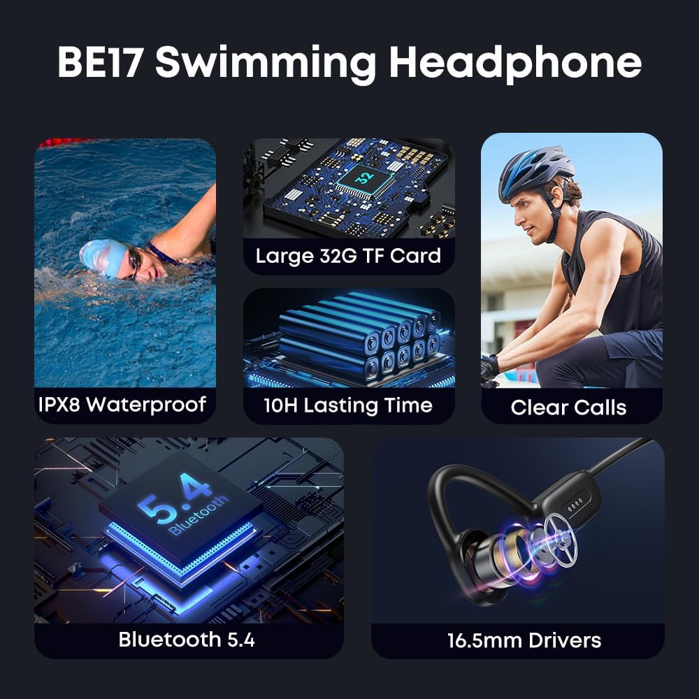 Bone Conduction Headphones IPX8 Swimming Waterproof Dustproof Sweatproof MP3 Player Headset Underwater Music Player 32GB Memory, Open-Ear Wireless Bluetooth 5.4 with Mic for Running, Cycling