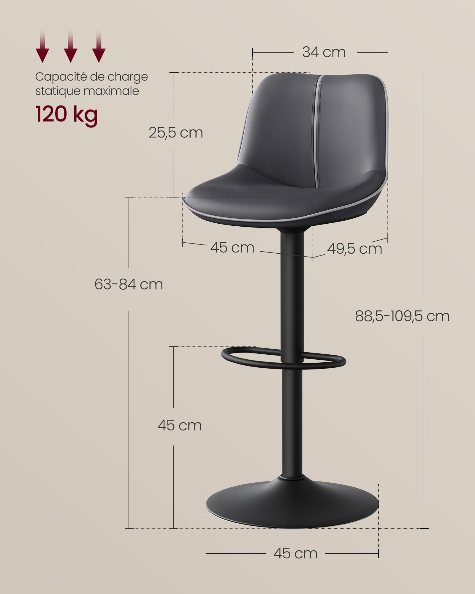 VASAGLE Lot de 4 Tabourets de Bar, Pivotants, Réglables en Hauteur, Dossier Ergonomique, PU, Base Métallique, Modernes, pour Îlot de Cuisine, Bar, Noir d'encre LJB268B01