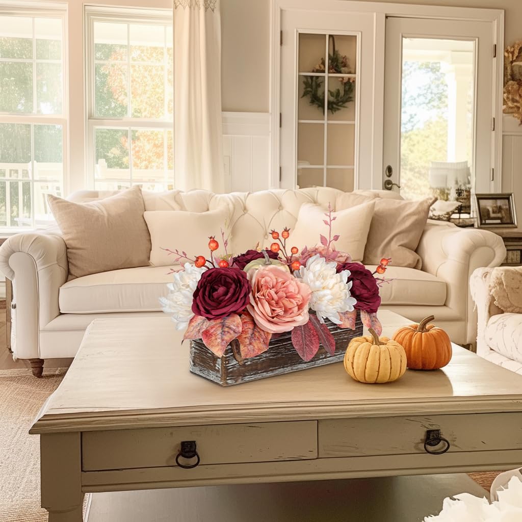 DILATATA Fall Decor Autumn Harvest Pumpkins Centerpiece - Artificial Rose Chrysanthemum Flowers Berries Arrangement in Rectangle Wooden Box for Thanksgiving Party Mantel Fall Decor - Image 5