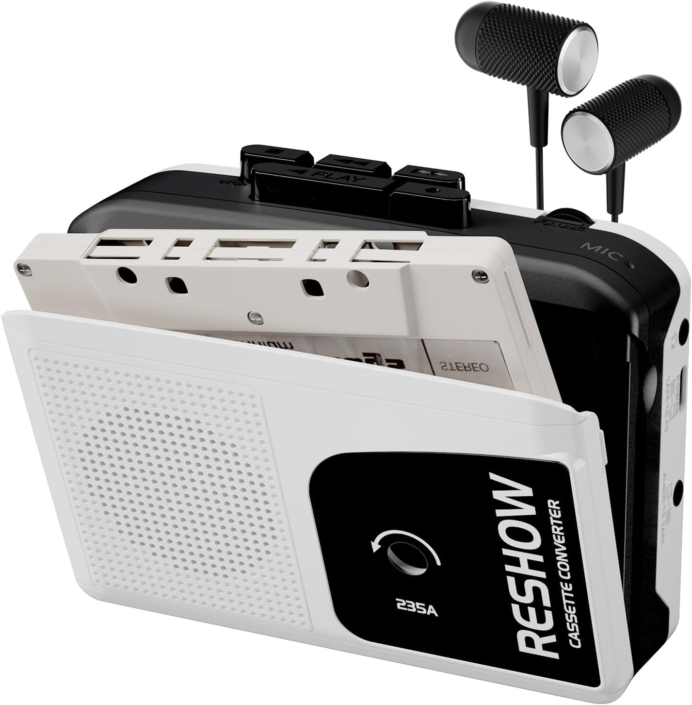 Reshow Portable Cassette Player Built-in Microphone and Speaker, USB Cassette-MP3 Converter, Reverse Tape Recording, Black Tape Recorder with Headphones