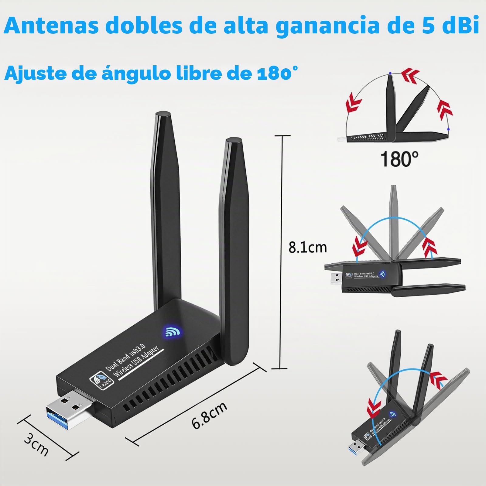 AC1300 Adaptador WiFi USB Dual Band 5GHz/2.4GHz Con Doble Antena Para PC, 1300Mbps, 5dBi Largo Alcance, USB 3.0, Conecta y Reproduce Windows11/10/8.1/8/7/Vista/XP