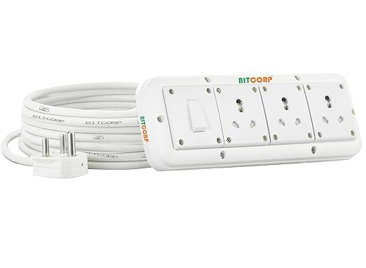 Bitcorp Extension Box 15A 16A 20A 3 Socket 1 Switch (2500) Load Capacity Surge Protection High Load Capacity with 4 Meter Long Wire Cord for Charger/Ac/Refrigerator/Washing Machine/Microwave