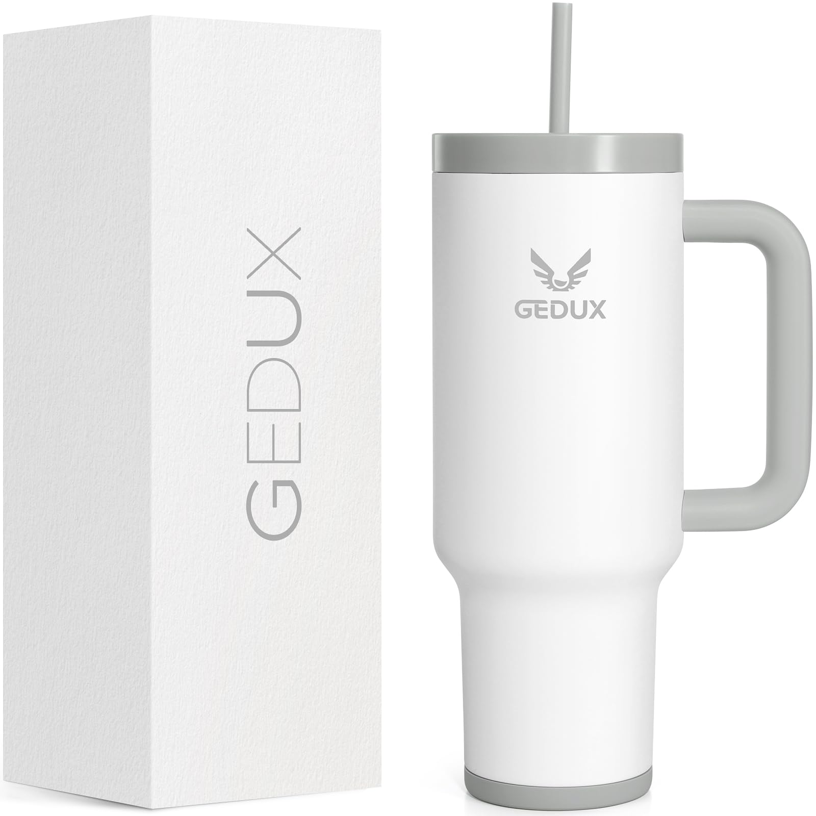 Gedux Trinkflasche mit Strohhalm 1.2L - Thermobecher mit Henkel auslaufsicher - Doppelwandige Vakuumisolierung - Thermobecher mit StrohhalmSpritzwassergeschützter Deckel