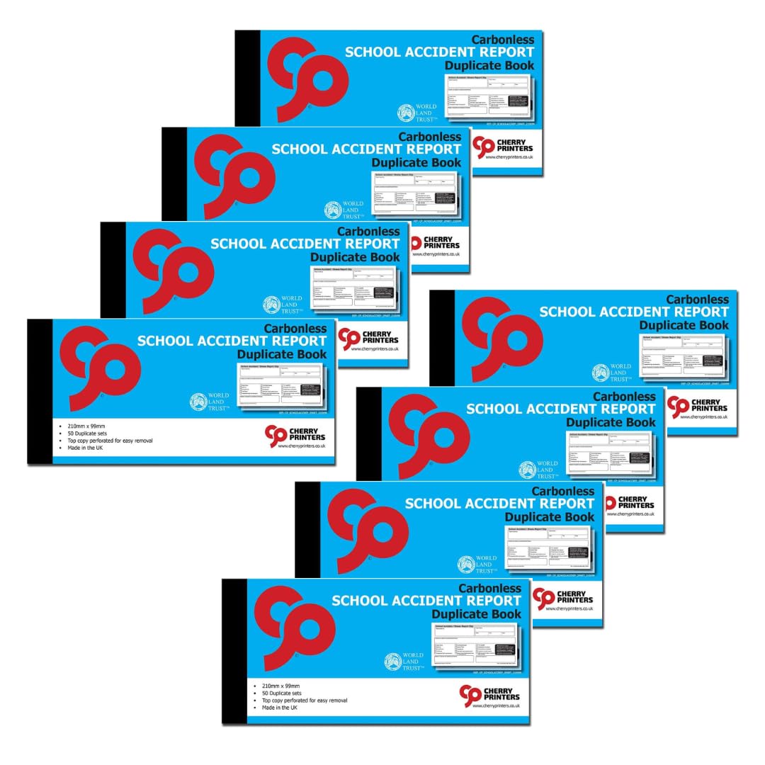 Cherry Printers Carbonless School Accident Report Duplicate Book GDPR | 99mm x 210mm | 50 2part Sets | Both Copies Perforated | Ideal for Schools, Nurseries & Childcare Providers **8 Pack** — image 1