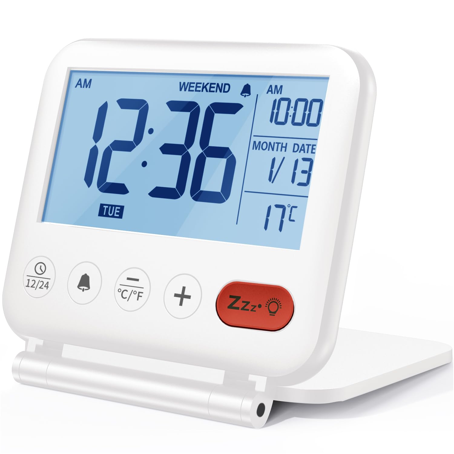 NOKLEAD Digital Travel Alarm Clock – Mini Portable LCD Display Clock with Backlight Calendar Temperature Snooze 12/24H Makeup Mirror, Small Folding Battery Operated Desk Clock for Kid Bedroom (White)