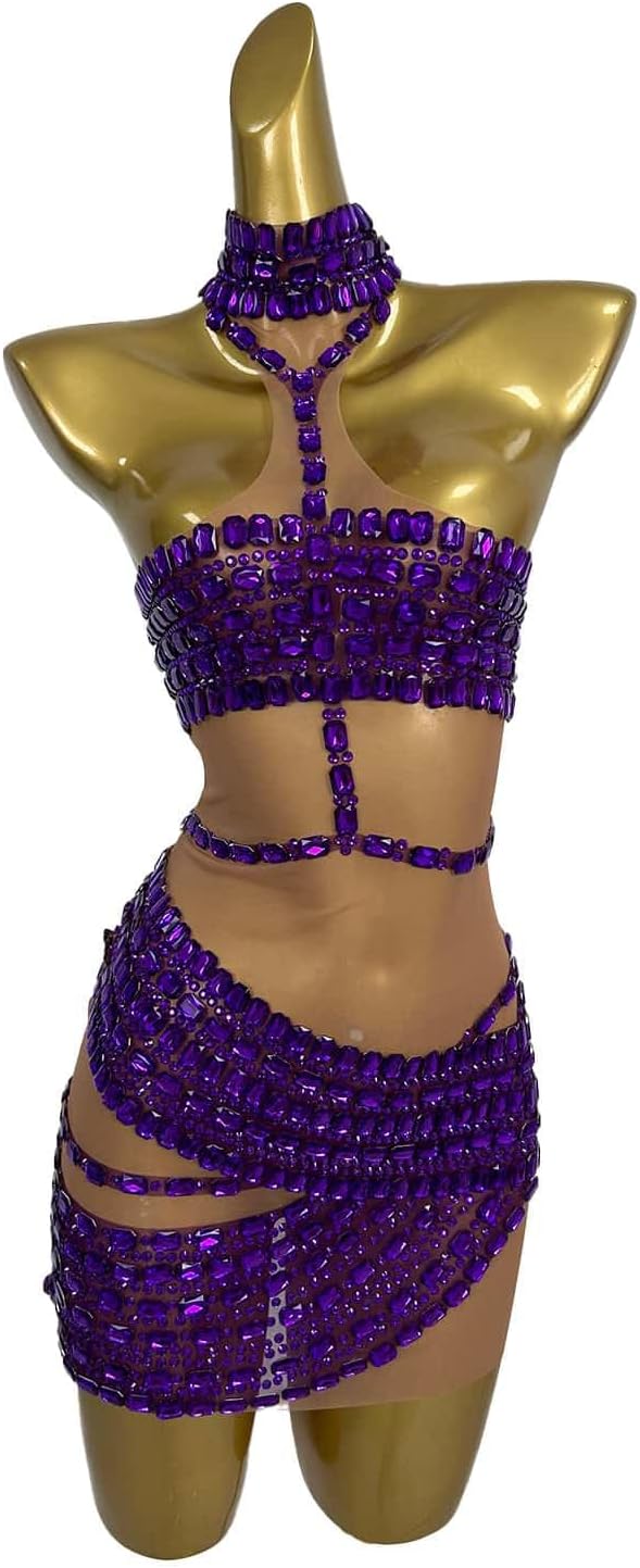 Women Luxury Crystal Embellished Sheer Dress Asymmetric Cutout Stage Performance Gown