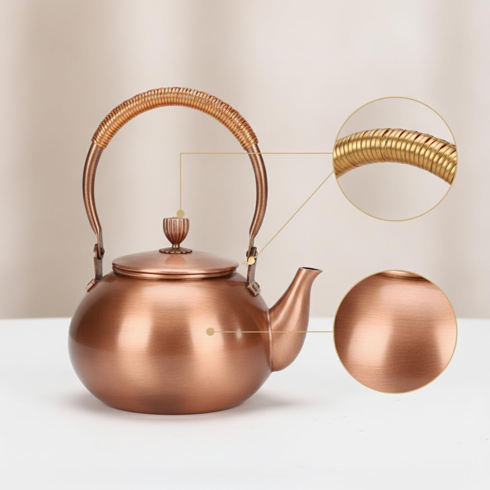 Gralara Bollitore di Rame con Coperchio Elegante Teiera Igienico per Cucina, Teiera In Rame Con Manico Laterale, Modello Mela, Capacità 0.6L, Peso 0.50KG