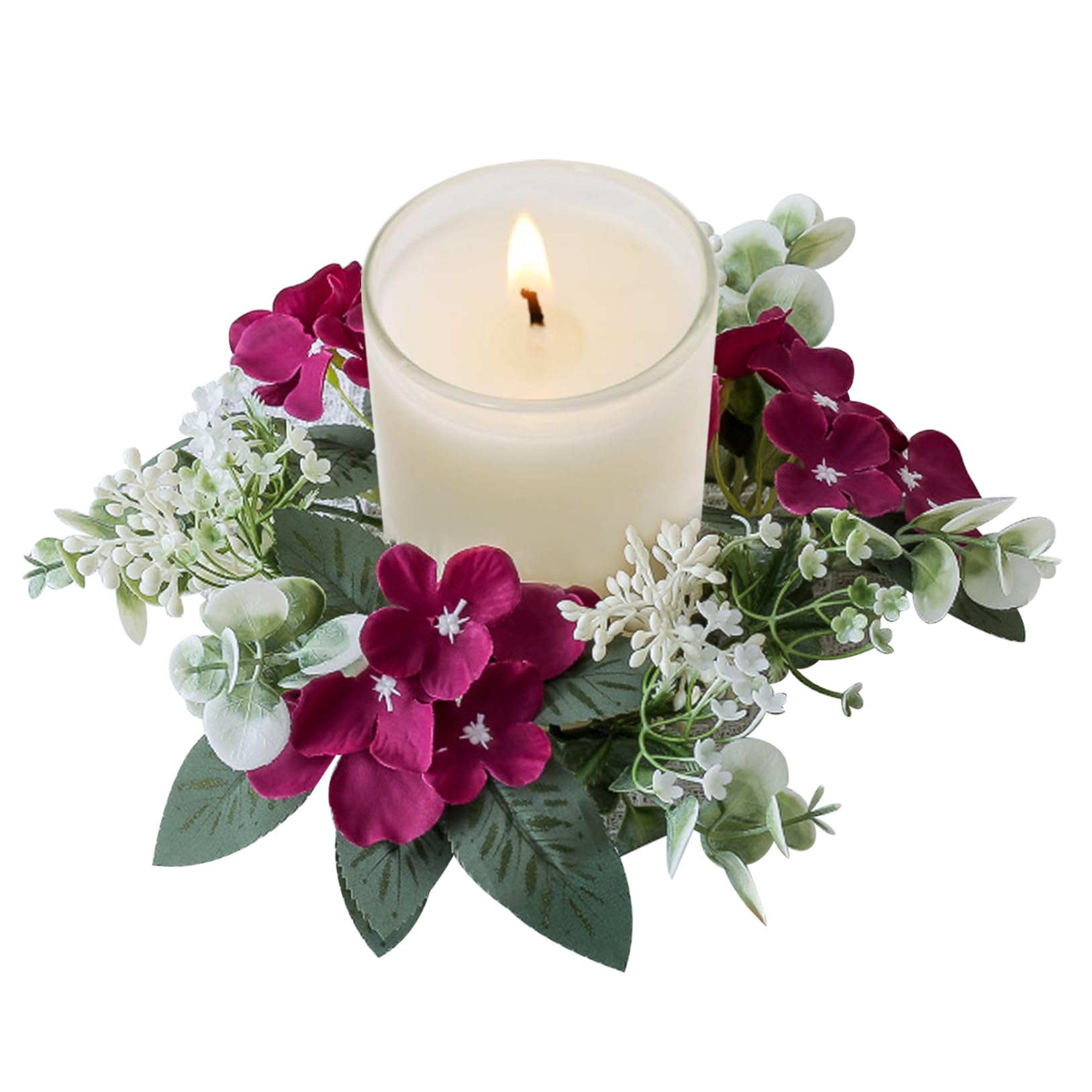Floral Candle Rings Floral Candle Rings 10 Inch Small Wreath Artificial for Pillars Hydrangeas Wreaths for Wedding, Wine Red