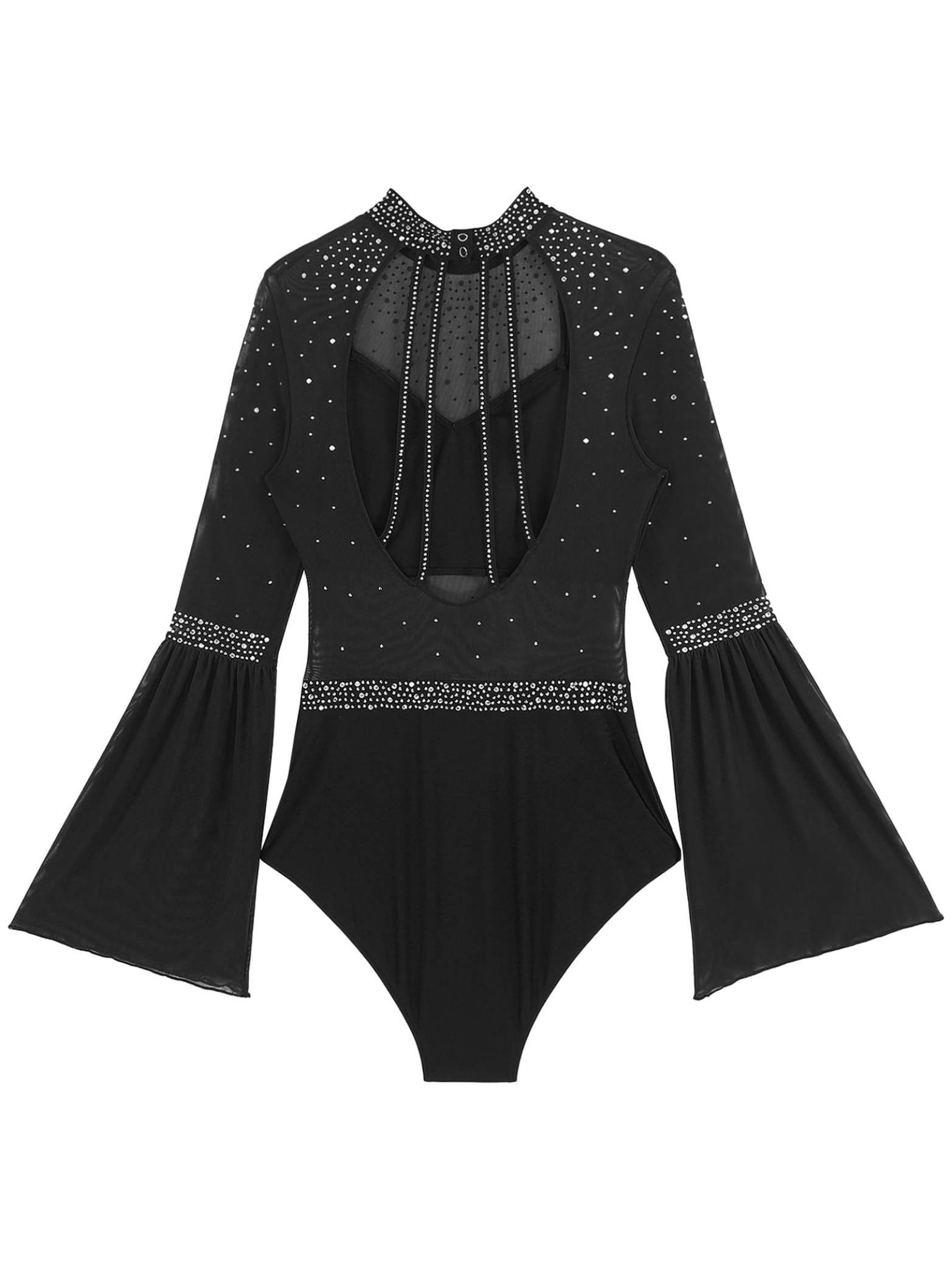 Ballett Body Damen Glitzer Trompetenärmel Turnanzug Mesh Patchwrok Tanzbody Stehkragen Turntrikot Cut Out Leotard Tanzanzug