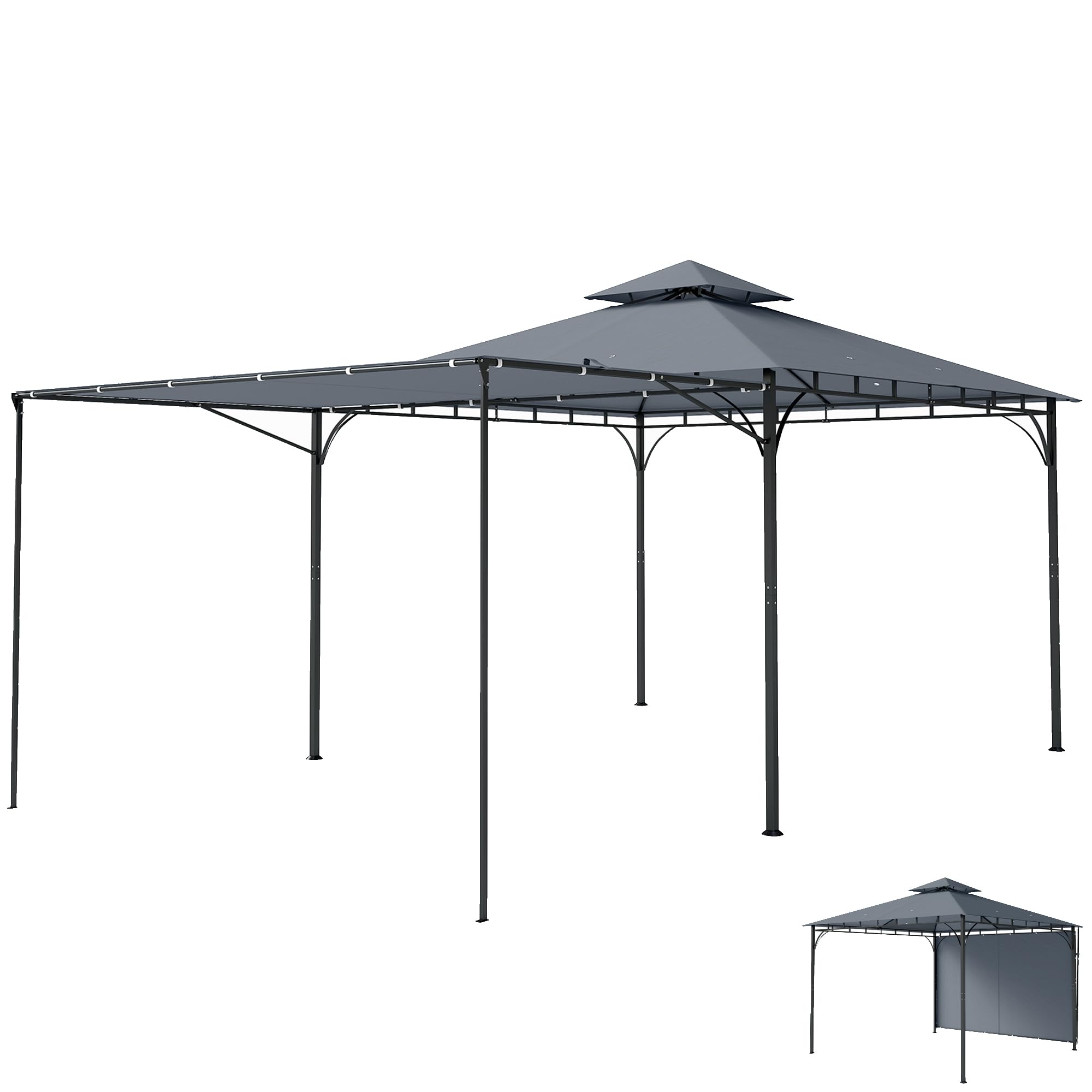 Outsunny Gazebo da Giardino 3.2x3.2 m con Tetto Estensibile, Gazebo da Esterno con Doppio Tetto Ventilato, Fori di Drenaggio in Metallo, per Giardino Balcone Feste Patio, UV30+, Grigio Scuro