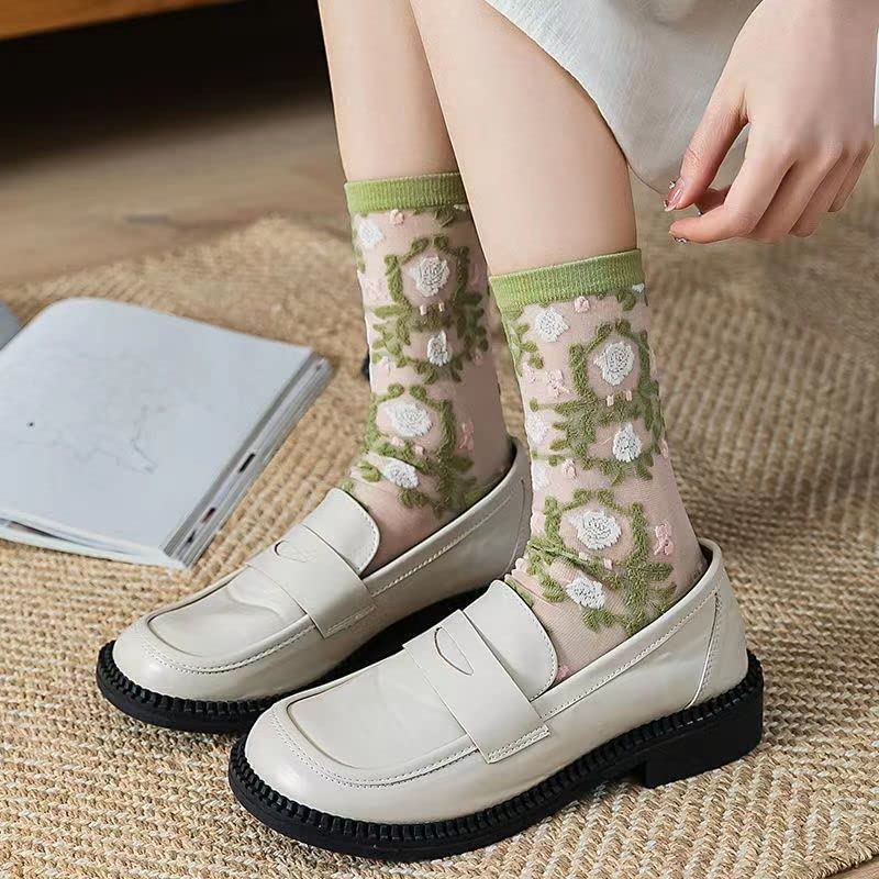 6 Pairs Vintage Sheer Socks, Cute Floral Thin Socks, Mesh Lace Elastic Jacquard Glass Silk Socks for Women Girls2