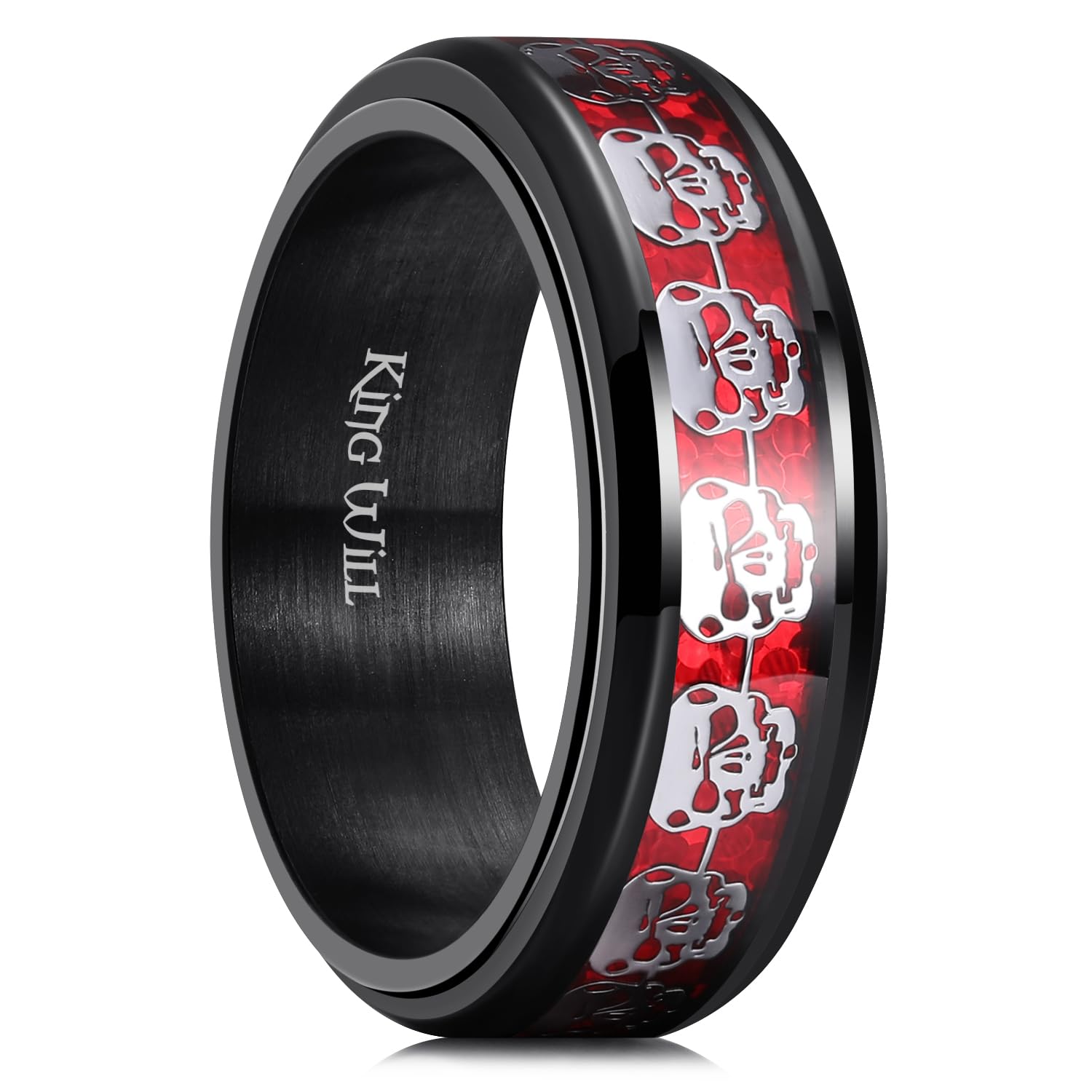 King Will 316L Stainless Steel Spinner Ring for Men Women-8mm Wedding Band wirh Red Skull/Spider Pattern in Black/Sliver Plated Comfort Fit Spinner